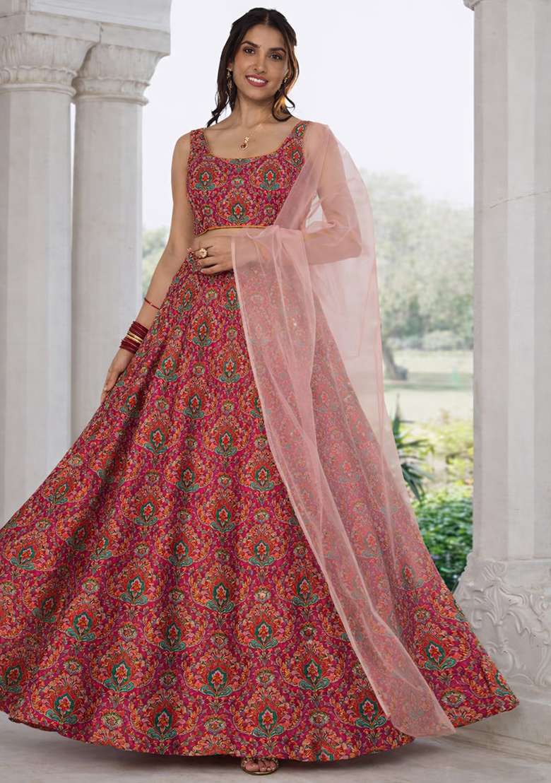 Pink Embroidered Crepe Lehenga Set - Indya
