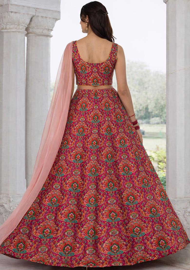 Pink Embroidered Crepe Lehenga Set - Indya