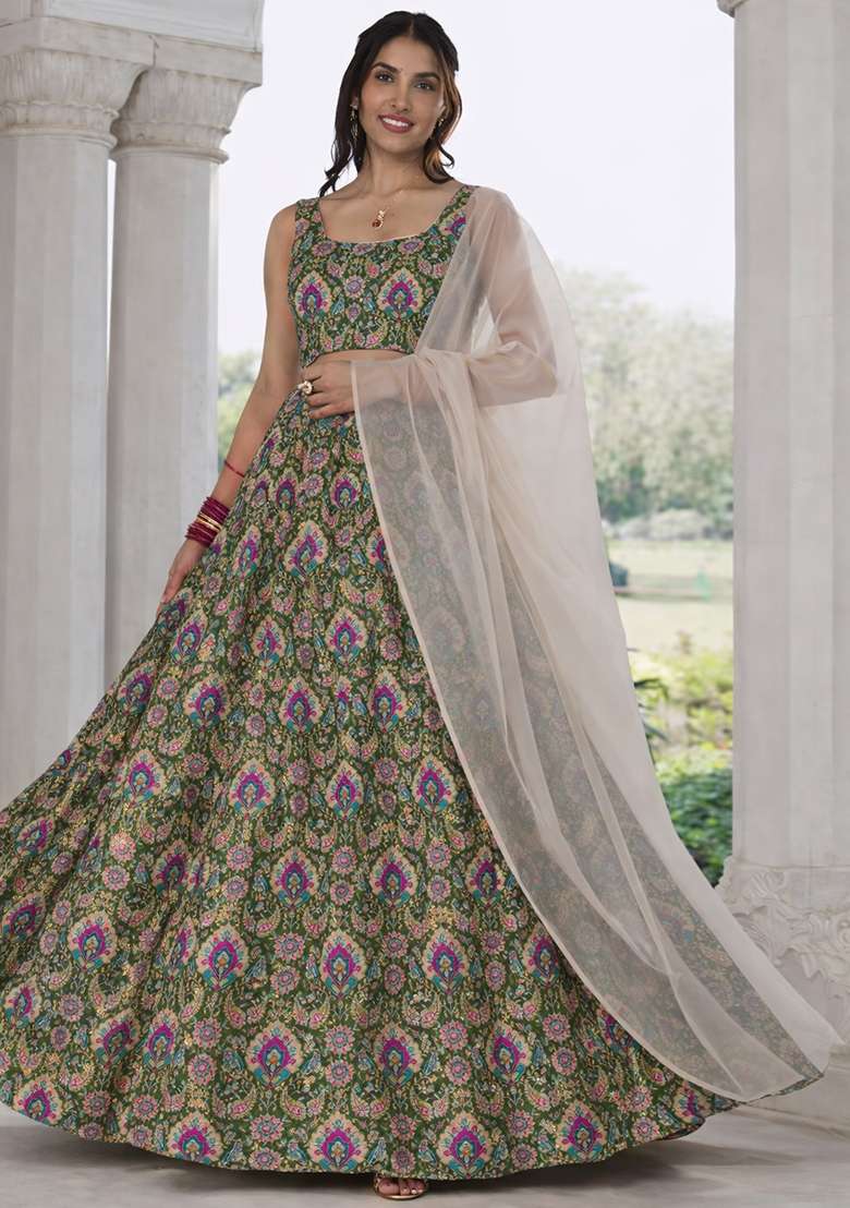 Green Embroidered Crepe Lehenga Set - Indya