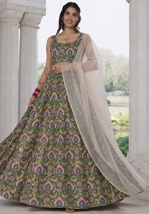 Green Embroidered Crepe Lehenga Set