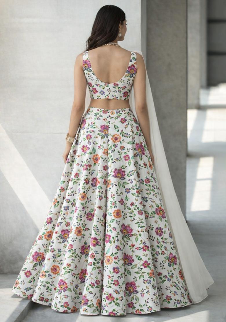 Multicolor Embroidered Crepe Lehenga Set - Indya