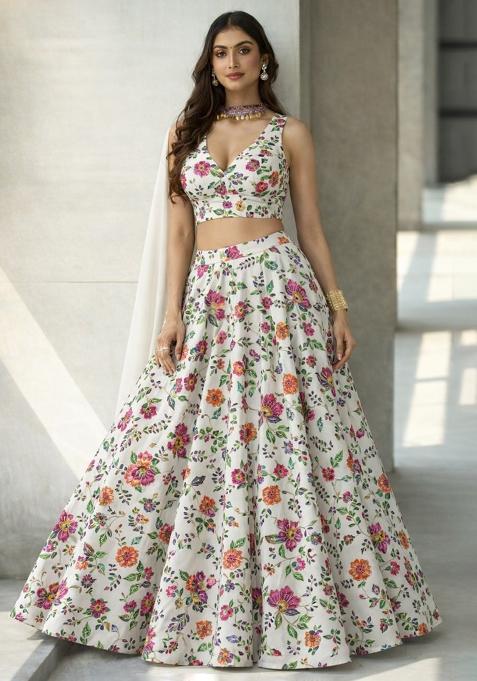Multicolor Embroidered Crepe Lehenga Set