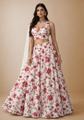 Ivory Floral Print Crepe Lehenga Set