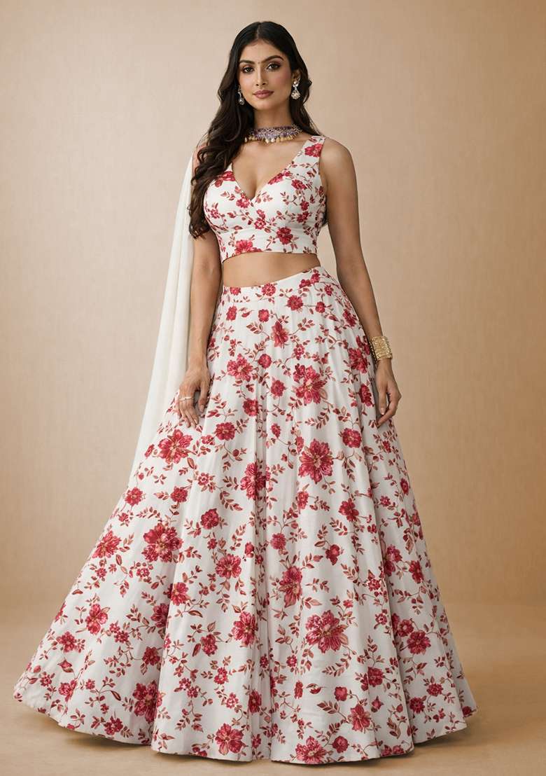 Ivory Crepe Lehenga Set with Floral Print for Diwali | Wedding & Festive Wear - Indya