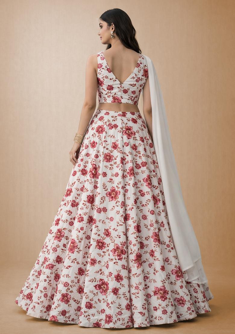 Ivory Floral Print Crepe Lehenga Set - Indya