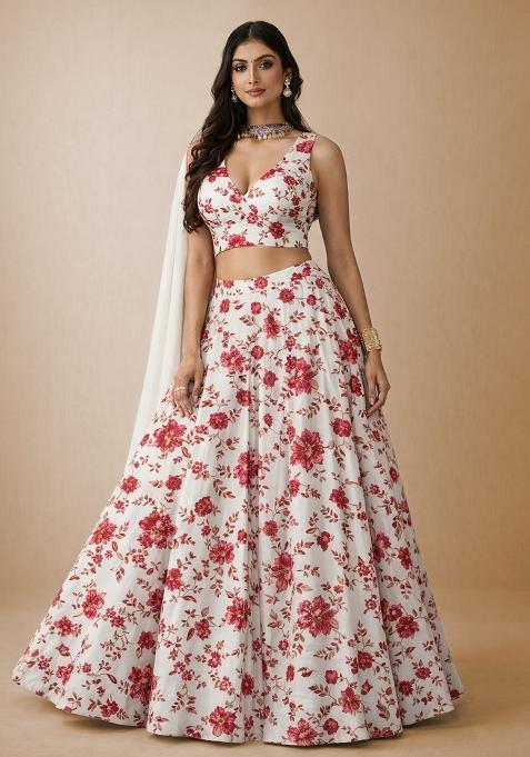 Ivory Floral Print Crepe Lehenga Set