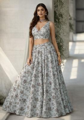 Off White Floral Print Crepe Lehenga Set