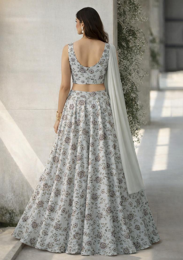 Off White Floral Print Crepe Lehenga Set - Indya