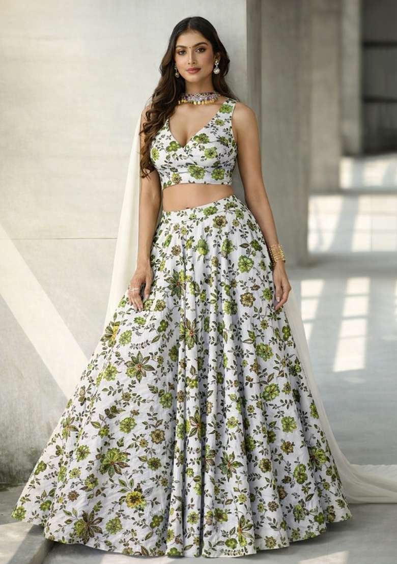 Green Crepe Lehenga Set with Floral Print for Diwali | Wedding & Festive Wear - Indya