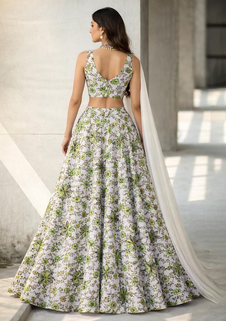 Green Floral Print Crepe Lehenga Set - Indya