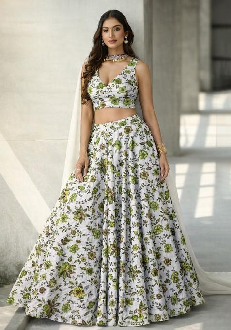 Green Floral Print Crepe Lehenga Set
