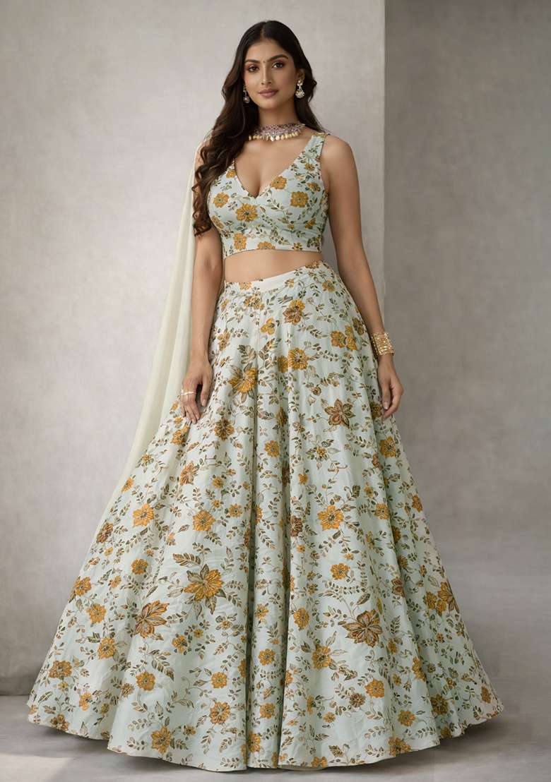 Off White Floral Print Crepe Lehenga Set for Diwali and Festive Wear - Indya