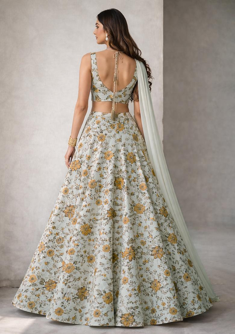 Off White Floral Print Crepe Lehenga Set - Indya