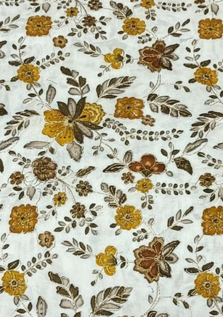 Off White Floral Print Crepe Lehenga Set for Diwali and Festive Wear - Indya