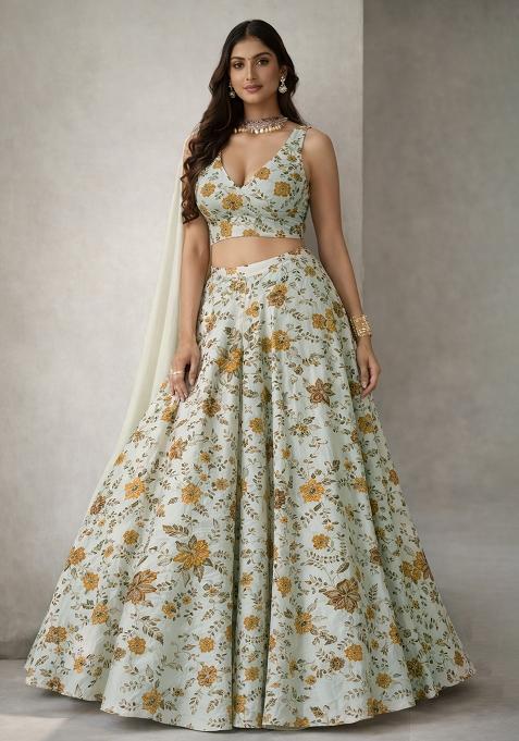 Off White Floral Print Crepe Lehenga Set