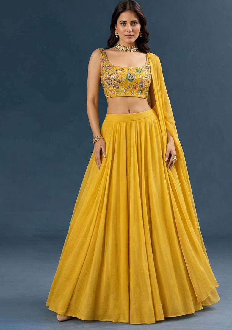 Yellow Embroidered Crepe Lehenga Set - Indya