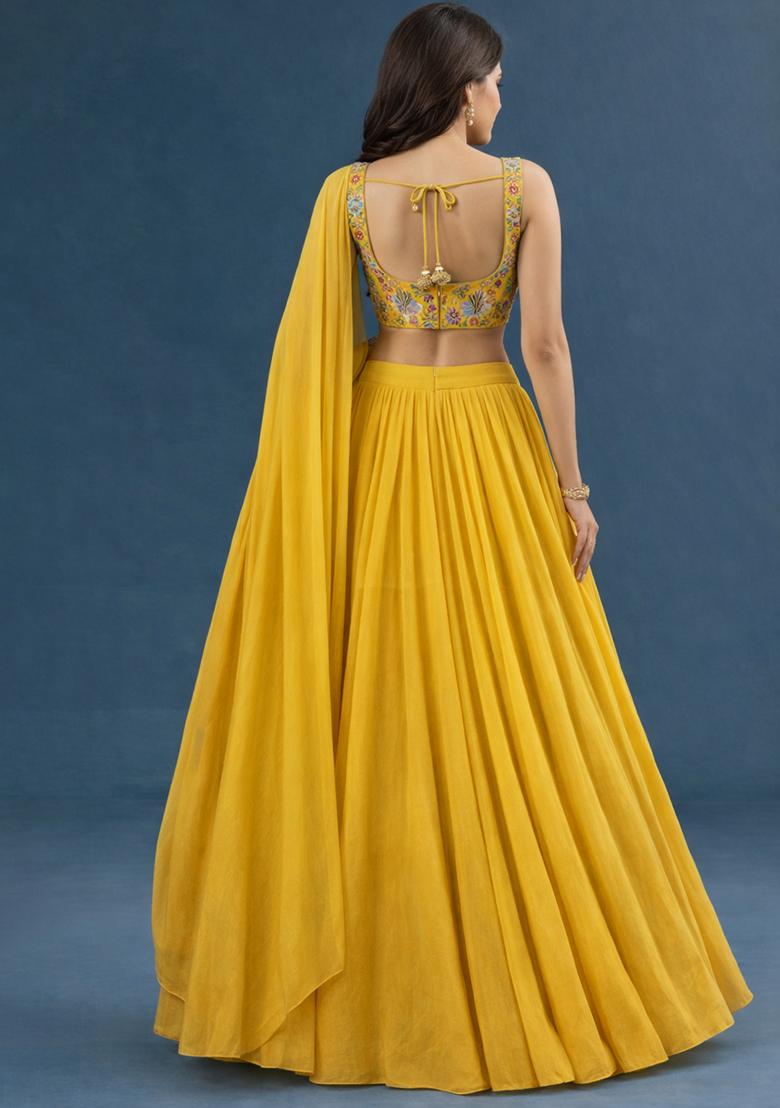 Yellow Embroidered Crepe Lehenga Set - Indya