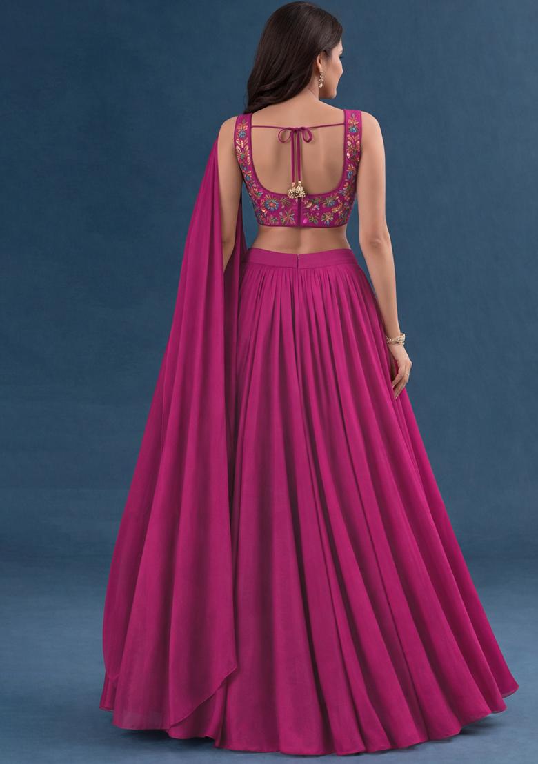 Rani Pink Embroidered Crepe Lehenga Set - Indya