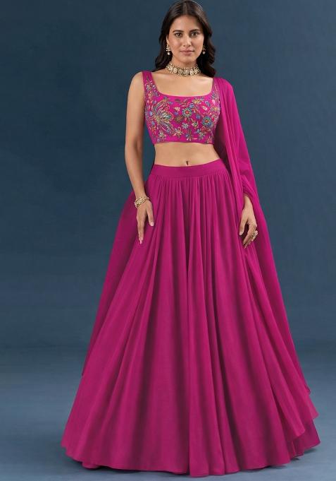 Rani Pink Embroidered Crepe Lehenga Set