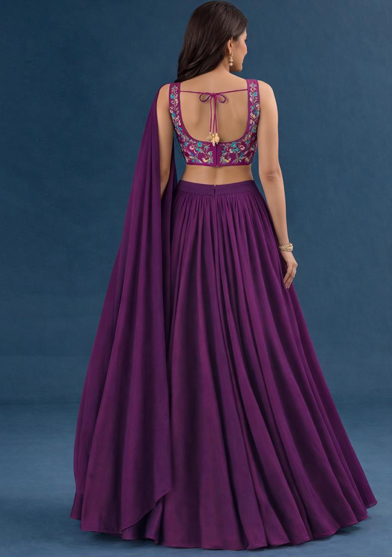 Purple Embroidered Crepe Lehenga Set - Indya