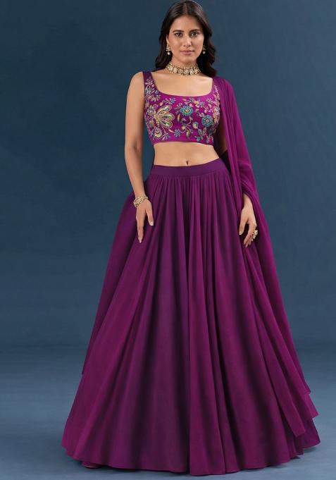 Purple Embroidered Crepe Lehenga Set