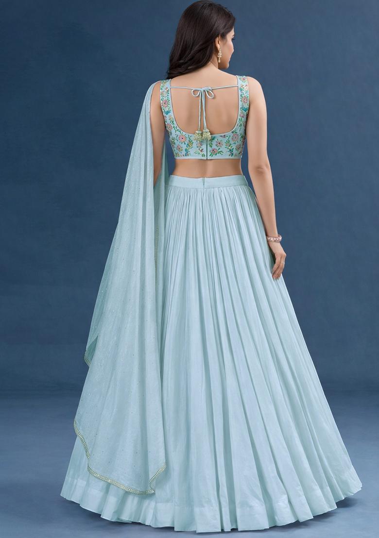 Blue Embroidered Crepe Lehenga Set - Indya