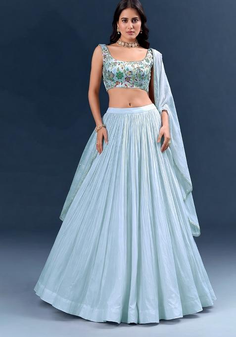 Blue Embroidered Crepe Lehenga Set