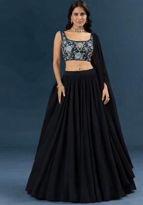 Black Floral Print Chinon Lehenga Set