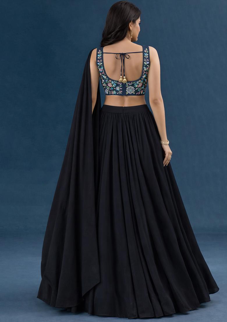 Black Floral Print Chinon Lehenga Set - Indya