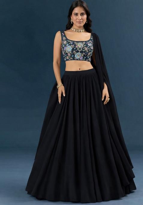 Black Floral Print Chinon Lehenga Set