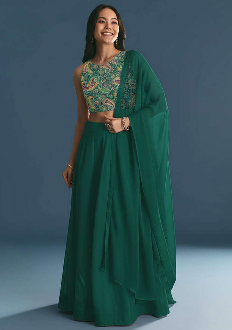 Bottle Green Embroidered Crepe Lehenga Set for Diwali and Festive Wear - Indya
