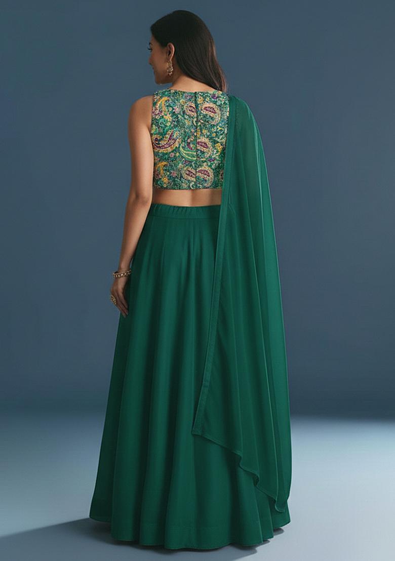 Bottle Green Embroidered Crepe Lehenga Set - Indya