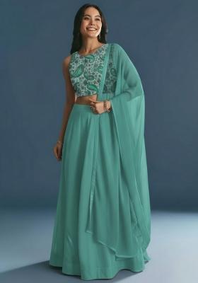Teal Green Embroidered Crepe Lehenga Set