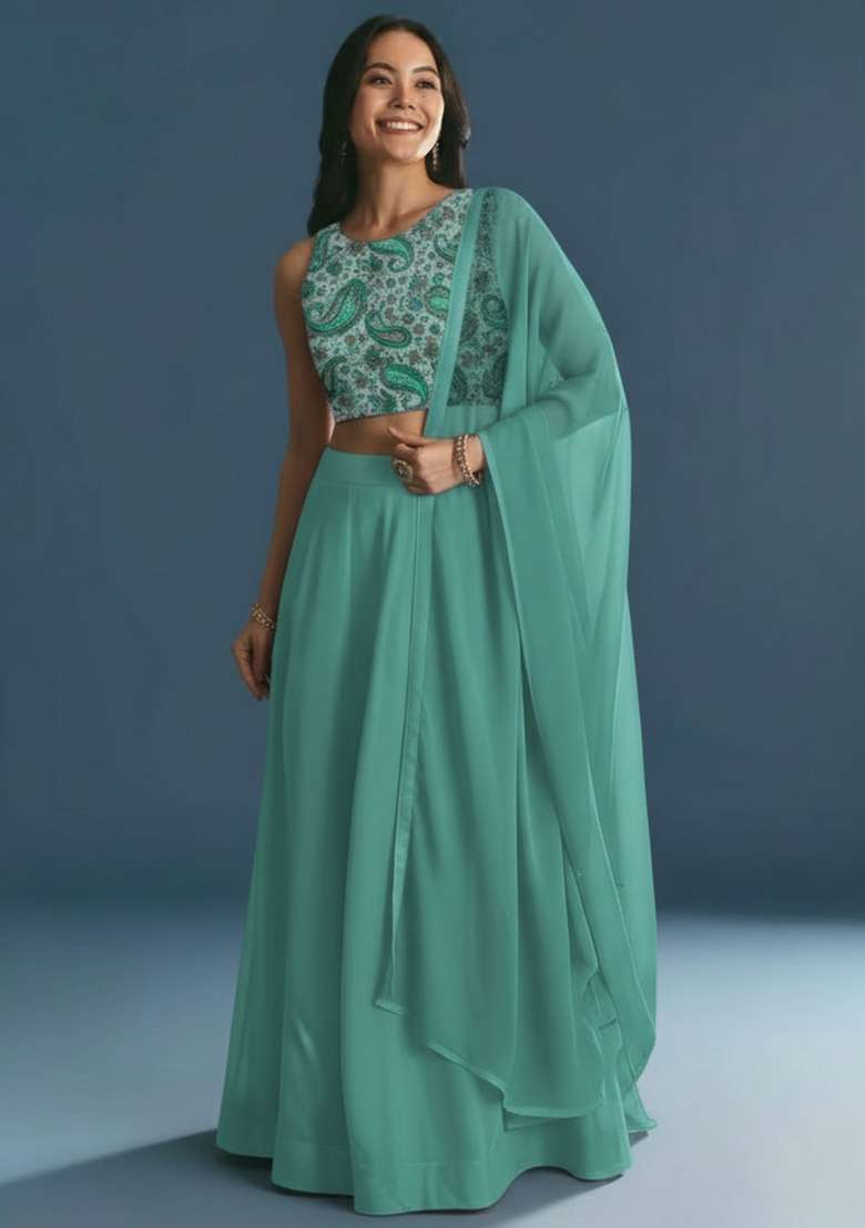 Teal Green Crepe Lehenga Set with Embroidered for Diwali | Wedding & Festive Wear - Indya