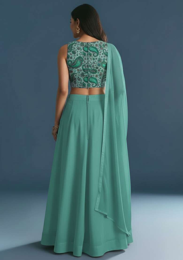 Teal Green Crepe Lehenga Set with Embroidered for Diwali | Wedding & Festive Wear - Indya