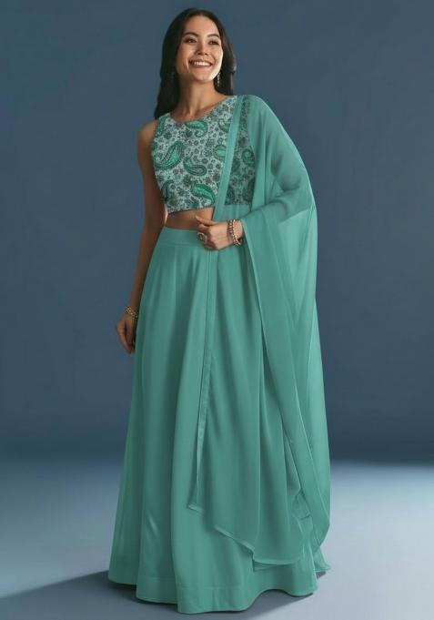 Teal Green Embroidered Crepe Lehenga Set