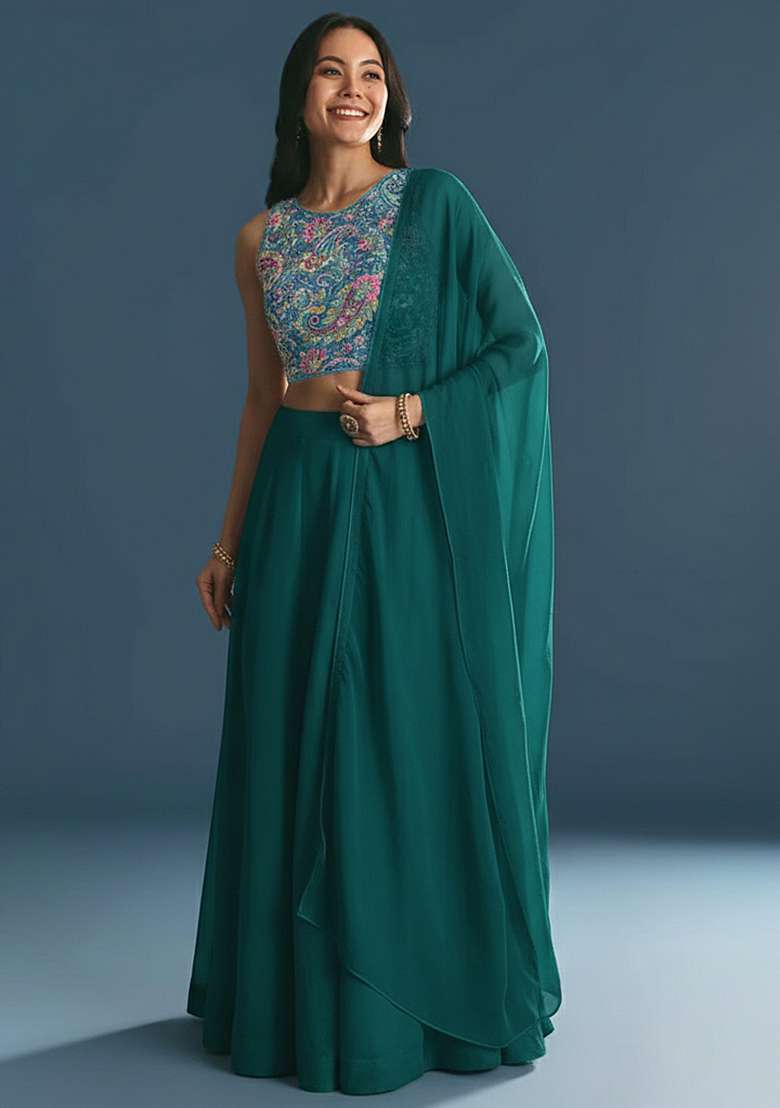 Bottle Green Crepe Lehenga Set with Embroidered for Diwali | Wedding & Festive Wear - Indya