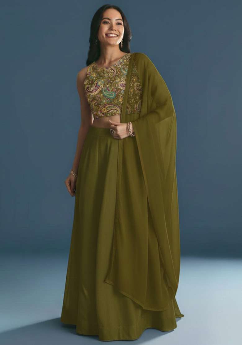Olive Green Embroidered Crepe Lehenga Set - Indya