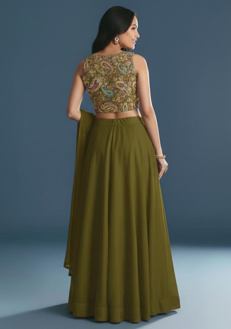 Olive Green Embroidered Crepe Lehenga Set - Indya