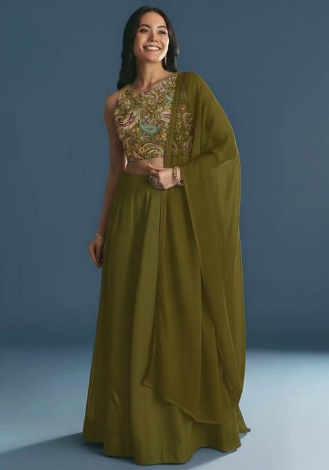 Olive Green Embroidered Crepe Lehenga Set