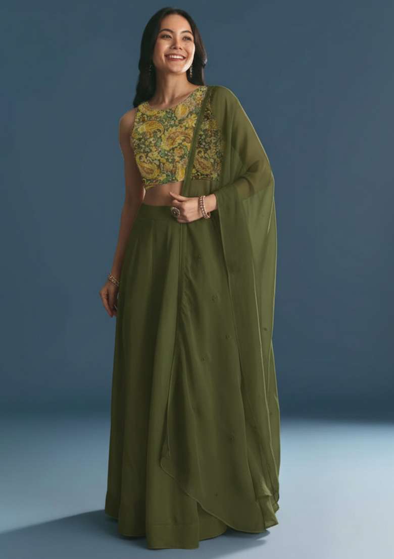 Olive Green Embroidered Crepe Lehenga Set - Indya