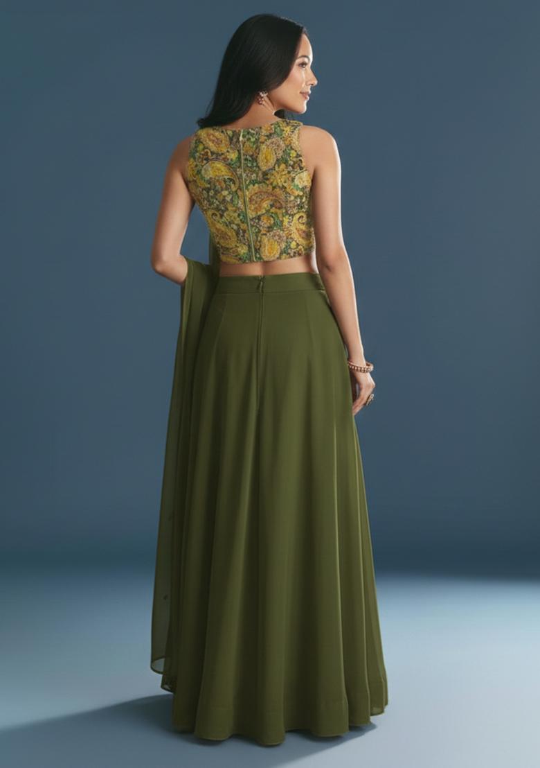 Olive Green Embroidered Crepe Lehenga Set - Indya
