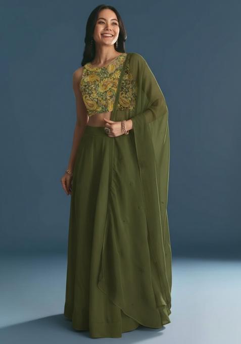 Olive Green Embroidered Crepe Lehenga Set