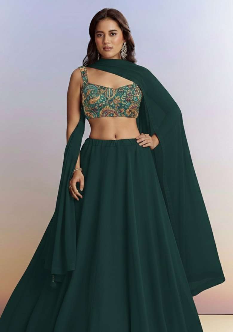 Bottle Green Crepe Lehenga Set with Embroidered for Diwali | Wedding & Festive Wear - Indya