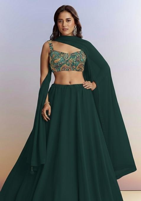Bottle Green Embroidered Crepe Lehenga Set