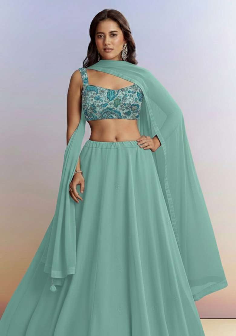 Aqua Blue Crepe Lehenga Set with Embroidered for Diwali | Wedding & Festive Wear - Indya