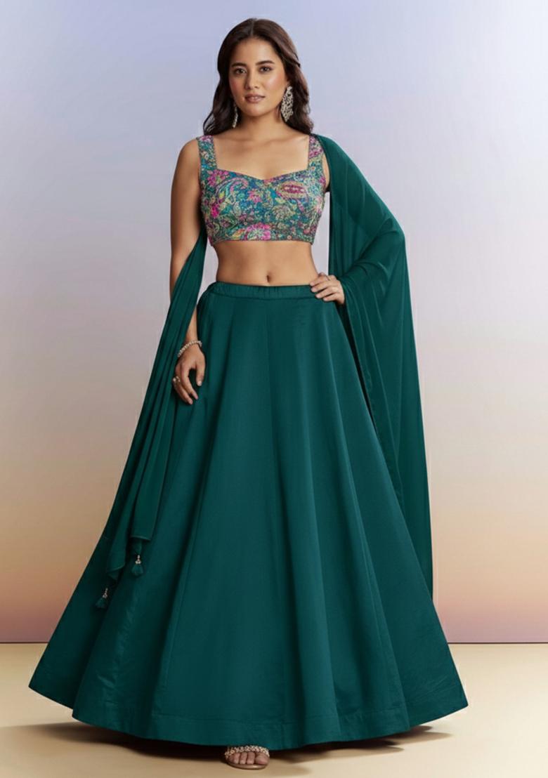 Teal Green Embroidered Crepe Lehenga Set - Indya