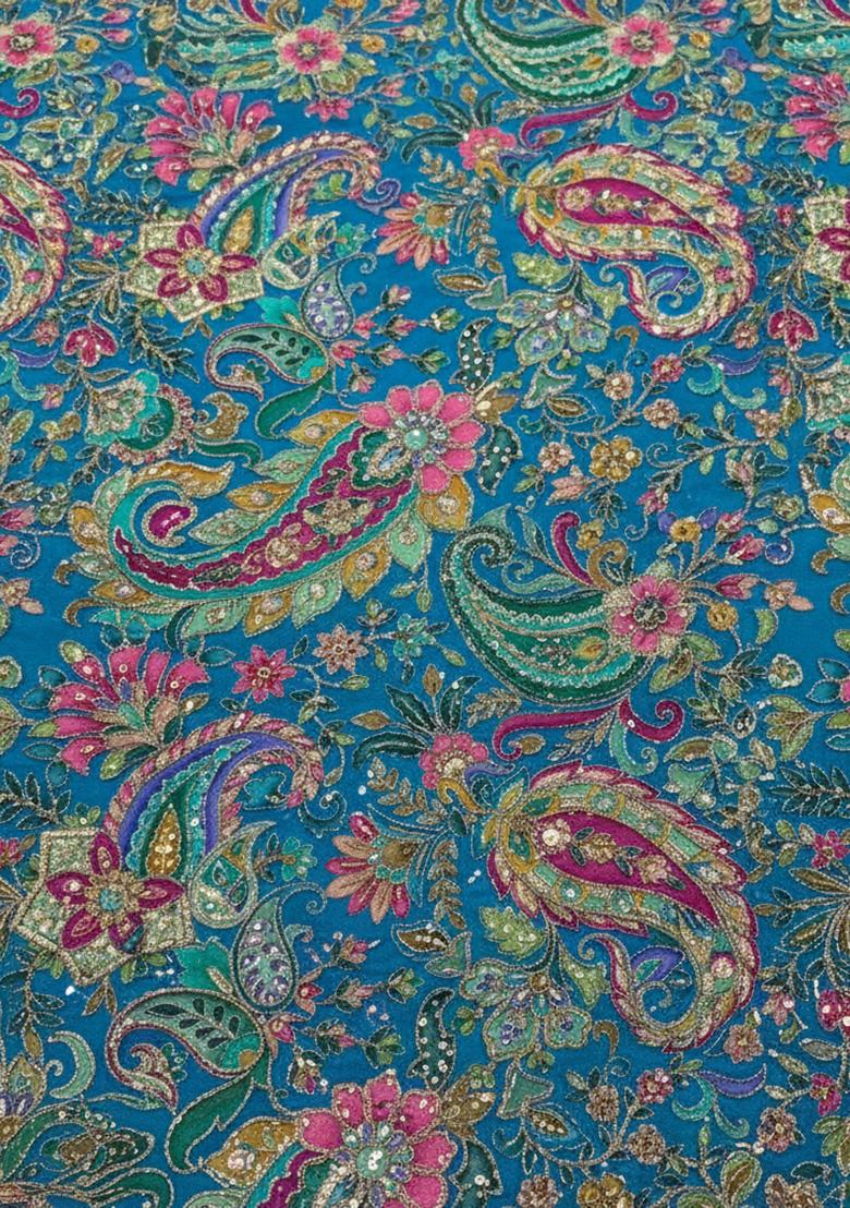 Teal Green Embroidered Crepe Lehenga Set - Indya