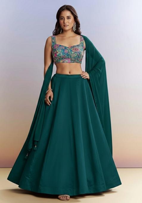 Teal Green Embroidered Crepe Lehenga Set