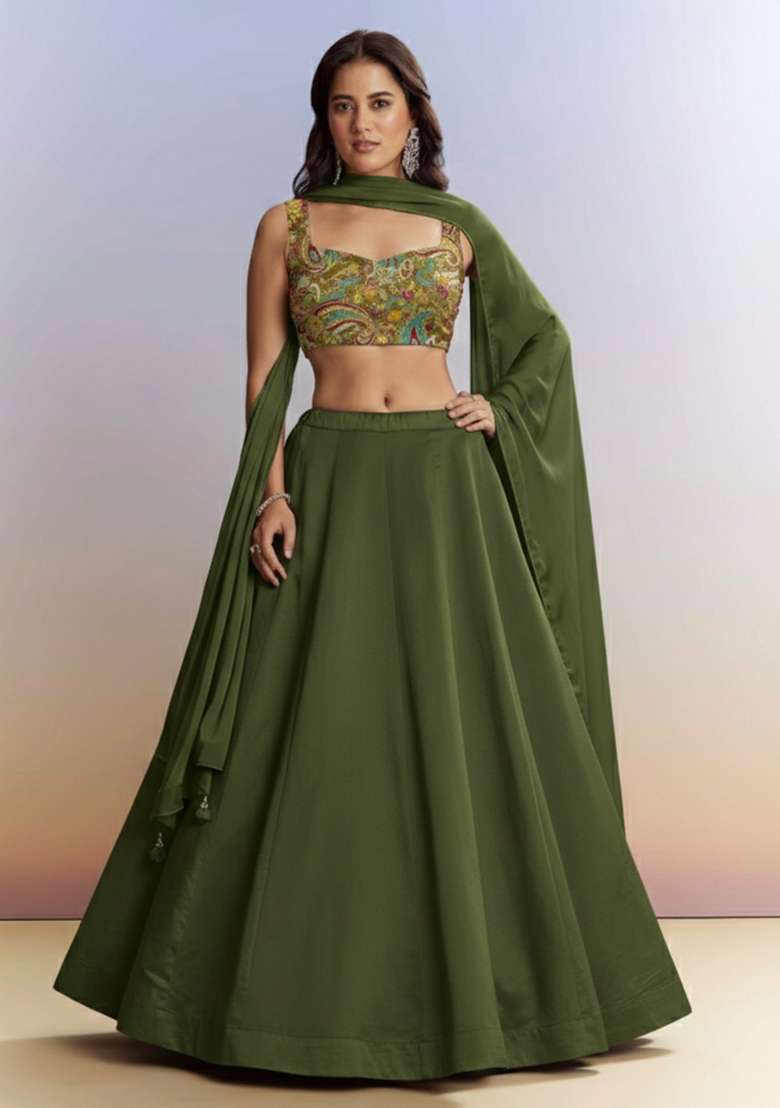 Olive Green Embroidered Crepe Lehenga Set - Indya